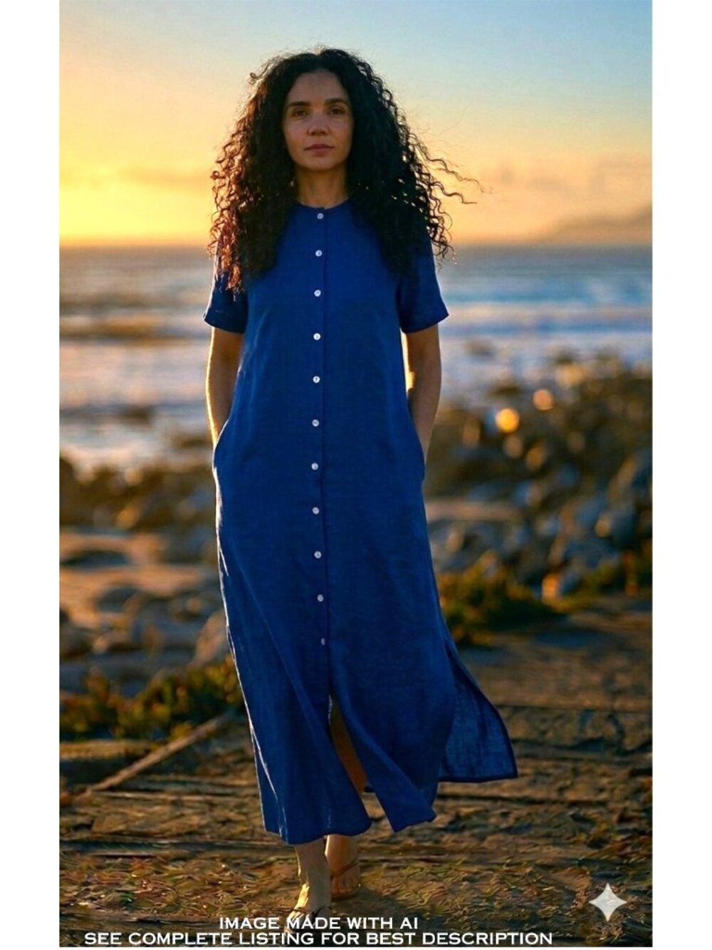 Vintage Cobalt Blue Linen Midi Dress M Full Button Minimalist Resort 100% Linen